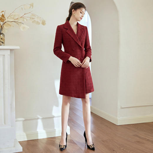 IWY/酒红色高级感羊毛西装领连衣裙女双排扣收腰显瘦宴会礼服裙WQ090- 商品图3