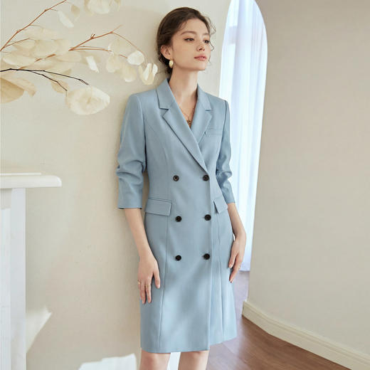 IWY/高级感蓝色西装连衣裙女双排扣收腰职业正装裙气质通勤长裙WQ152-L 商品图3