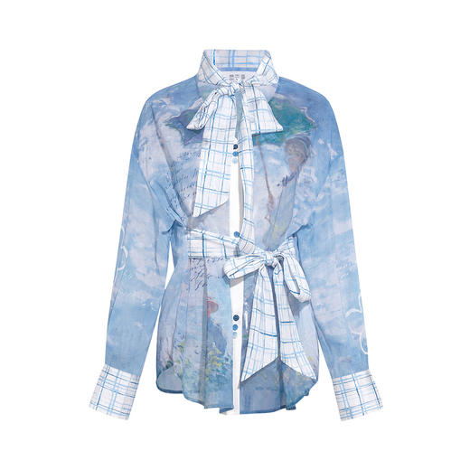 两三事梵高文艺 夏夜梦令 2026春季新款印花绑带v领雪纺衫女宽松 商品图4