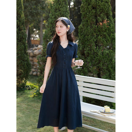 鹿向南「雾起野矿」法式藏蓝色连衣裙女夏季短袖高级洋气显瘦裙子 商品图2