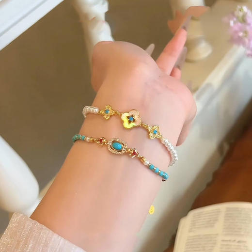 【敦煌遗珠·方钻仿绿松玛瑙手串】新中式古风仿绿松石串珠手链叠戴金属花朵手链百搭气质时尚 商品图0