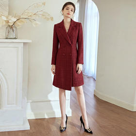 IWY/酒红色高级感羊毛西装领连衣裙女双排扣收腰显瘦宴会礼服裙WQ090-
