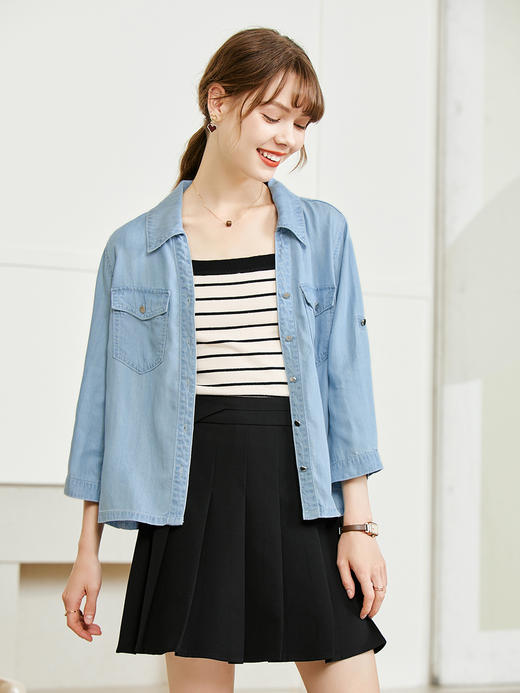 【百图lulu定制】【慕斯牛仔衬衫】 100%莱赛尔  七分袖   气质通勤设计感  牛仔衬衫 商品图6