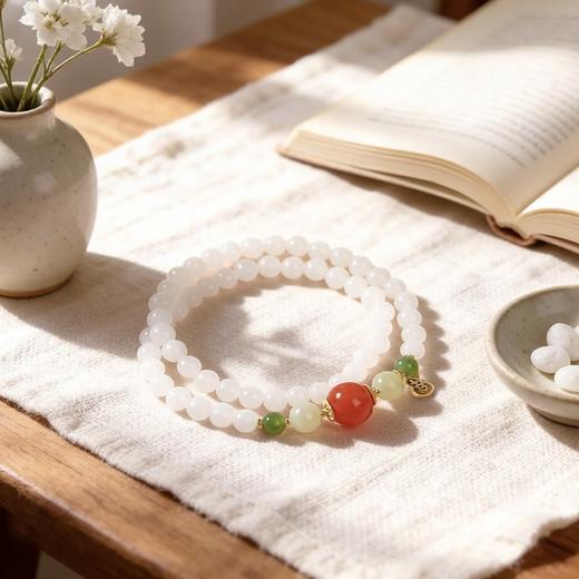 清瑶缀赤 天然和田白玉南红双圈手串 商品图3