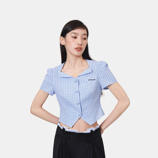 HERLIAN 2026年春夏新品半圆翻边蓝格小上衣女士短袖衬衫 商品图1