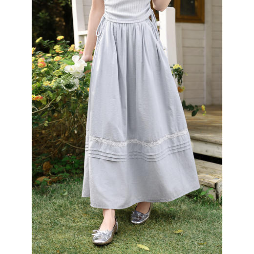 鹿向南「静美时光」雾霾蓝半身裙女春季高级感度假风高腰A字长裙 商品图3