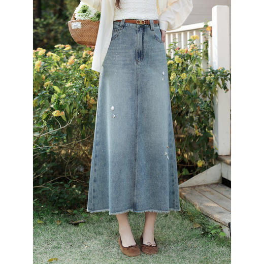 鹿向南「编织香榭」洗水蓝半身裙女春新款时尚洋气高腰显瘦牛仔裙 商品图1