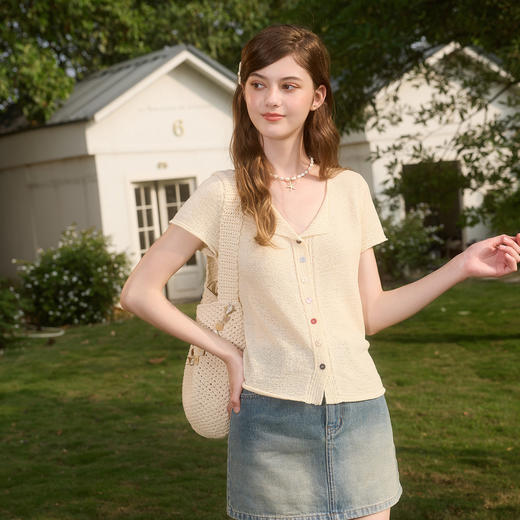 三彩独醒2026春季新款多巴胺针织衫小翻领短袖毛衫修身短款上衣F 商品图3