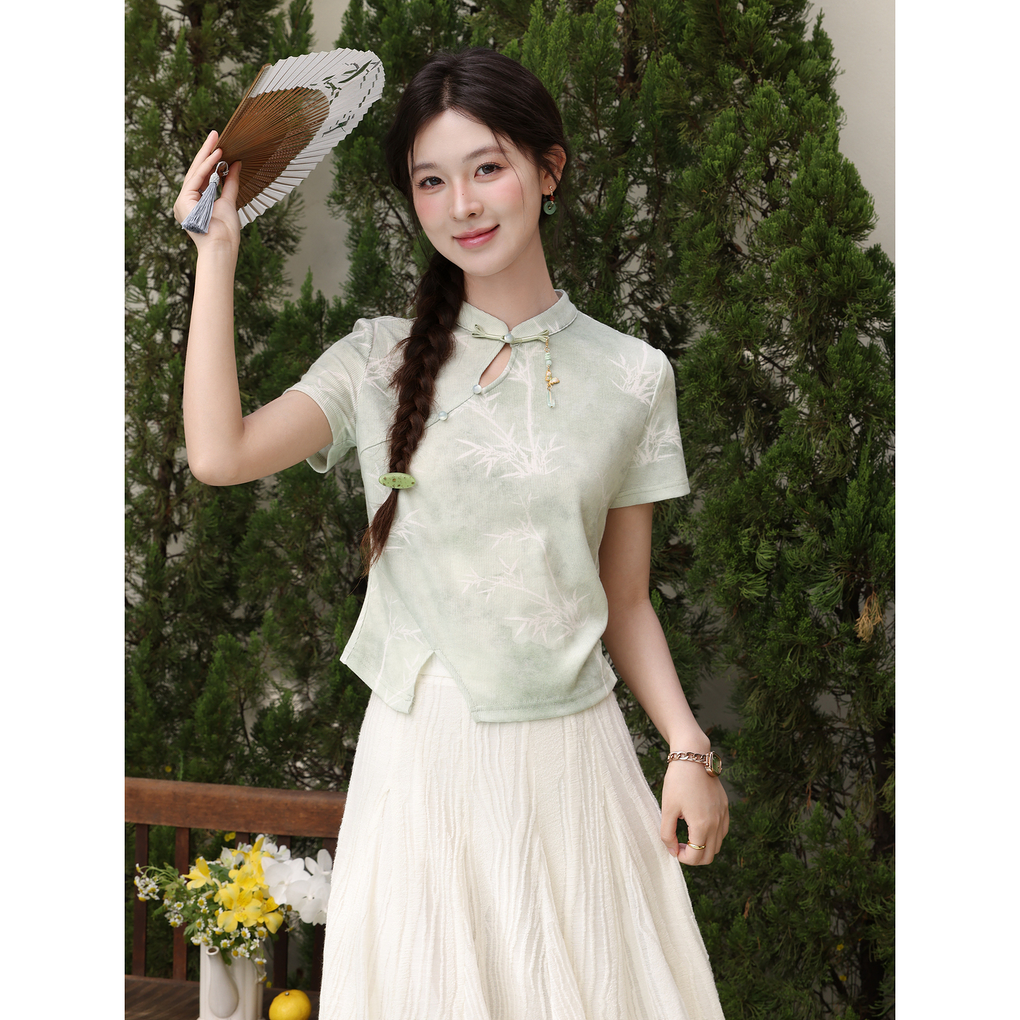 鹿向南「竹影蝶恋」浅绿色国风短袖T恤夏季新款时尚新中式女上衣