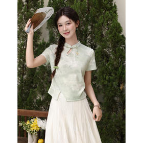 鹿向南「竹影蝶恋」浅绿色国风短袖T恤夏季新款时尚新中式女上衣