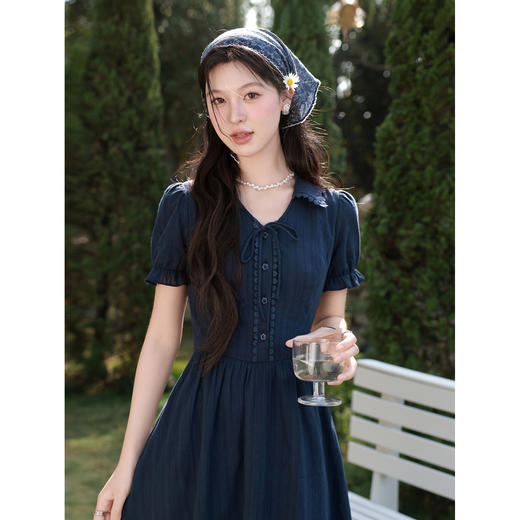 鹿向南「雾起野矿」法式藏蓝色连衣裙女夏季短袖高级洋气显瘦裙子 商品图3
