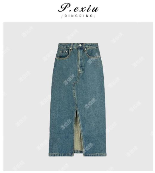 03-2潘依绣丁丁宠粉不对称前开叉复古水洗牛仔半身裙 Q1690 商品图0