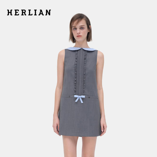 HERLIAN 2026年春夏新品蓝格娃娃领A字无袖连衣裙A字裙 商品图0