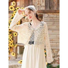 两三事 心动记号 2026春季新款田园风镂空编织绑带针织开衫女
