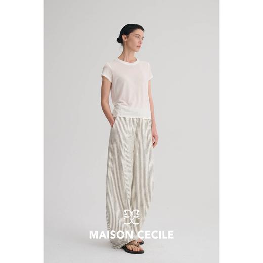 MAISON CECILE 莱赛尔汉麻舒适透气肌理灰米条纹抽绳松紧腰弧形裤 商品图1