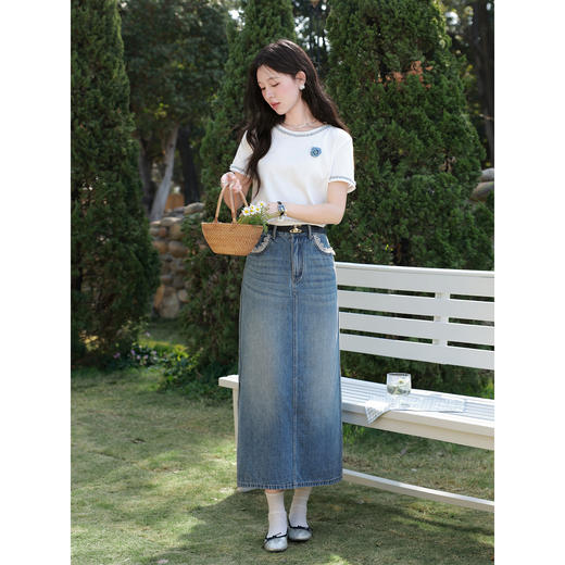 鹿向南「花间清语」米白色立体花朵撞色包边正肩T恤短袖上衣女夏 商品图3