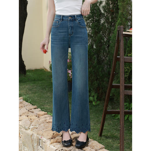 鹿向南「蝶履绣影」蓝色直筒九分牛仔裤女夏新款设计感花边微喇裤 商品图3