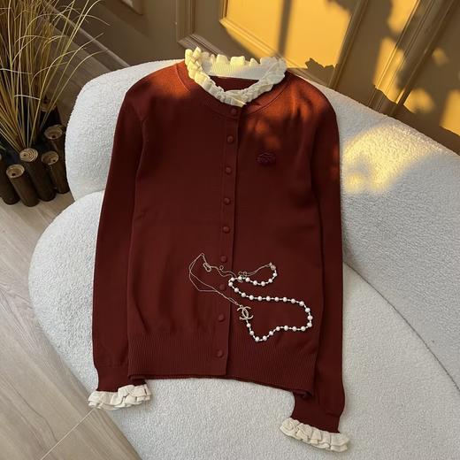 时尚玫瑰~木耳领领口撞色玫瑰花开衫针织衫 商品图2