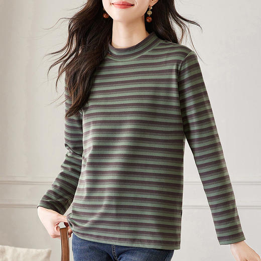 女士德绒半高领打底衫女秋冬新款加绒大码女装条纹长袖t恤女上衣 商品图2