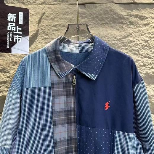 F030412走秀款双面穿刺绣小马帆布格纹拼接翻领拉链牛仔丹宁外套 商品图8