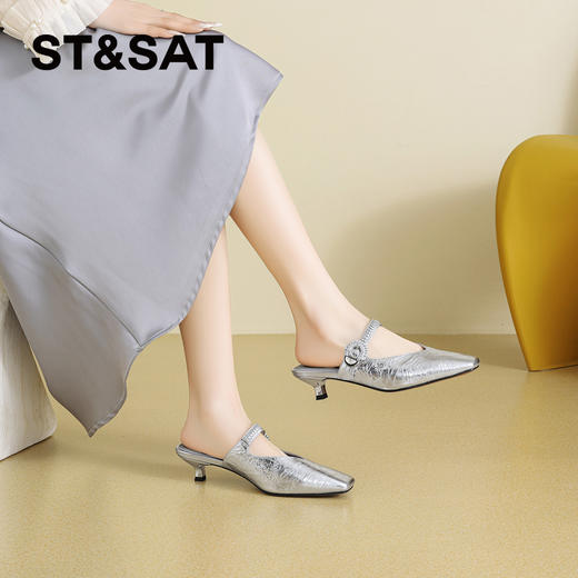 星期六26夏新款复古褶皱鞋面方头猫跟穆勒拖SSE2110CH6 商品图7