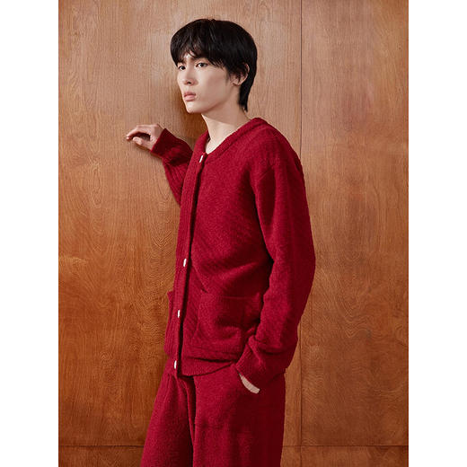 GXG男士家居服 红色肌理圆领开衫长袖保暖舒适睡衣套装冬季款 商品图4