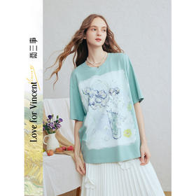 两三事梵高文艺蓝调春溪2026春新款立体手钩花印花短袖t恤女宽松