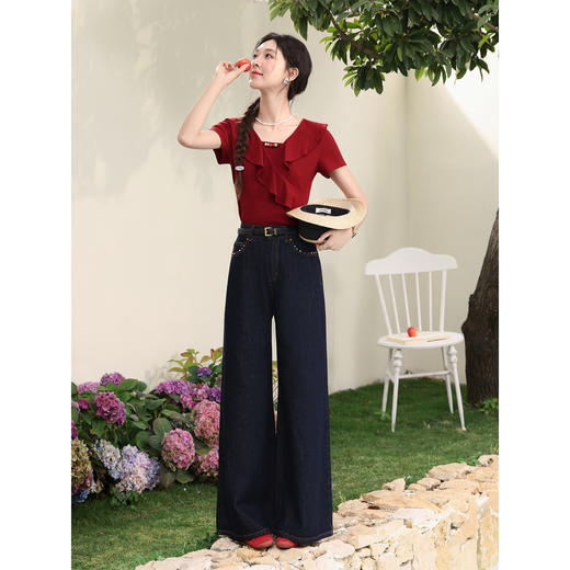 鹿向南「圆舞曲」复古风红色短袖T恤女夏季修身高级感不规则上衣 商品图2