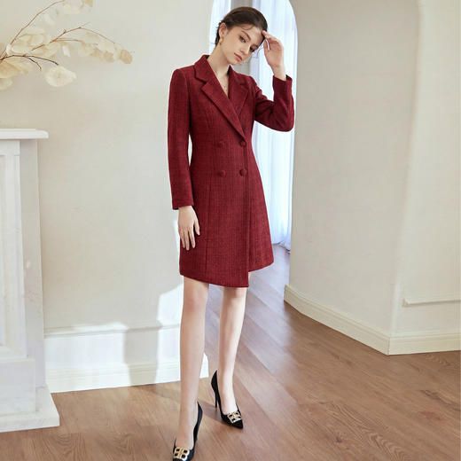 IWY/酒红色高级感羊毛西装领连衣裙女双排扣收腰显瘦宴会礼服裙WQ090- 商品图2