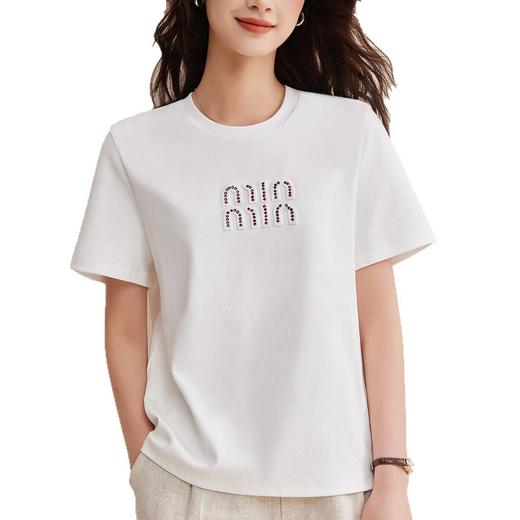 「自j」全新升级【铂金会员128/天猫169/差价41】(00741)洛诗琳新款休闲钻饰纯棉T恤2026春夏正肩字母设计短袖上衣 商品图4
