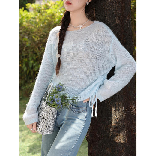 鹿向南「南庄梦蝶」慵懒风蓝色针织衫抽绳女春收腰显瘦蝴蝶上衣 商品图2
