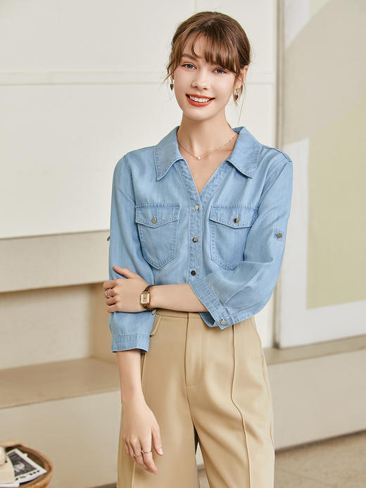 【百图lulu定制】【慕斯牛仔衬衫】 100%莱赛尔  七分袖   气质通勤设计感  牛仔衬衫 商品图2