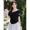 鹿向南「温柔蝶序」黑色斜肩领显瘦短袖T恤女夏季不规则小众上衣 商品缩略图4