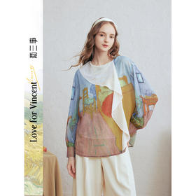两三事梵高文艺 初晴烟雨 2026春季新款飘带拼接两件套印花衬衫女