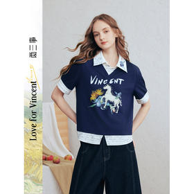 两三事梵高文艺彼岸双生2026春新款复古印花拼色假两件短袖t恤女