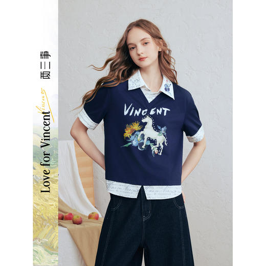 两三事梵高文艺彼岸双生2026春新款复古印花拼色假两件短袖t恤女 商品图0