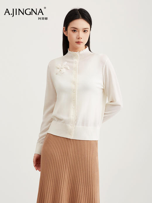 【商场同款】阿菁娜春季新款小香风开衫立体花朵侧边点睛蕾丝包边精致线条一件穿出轻奢质感A31C118501 商品图0