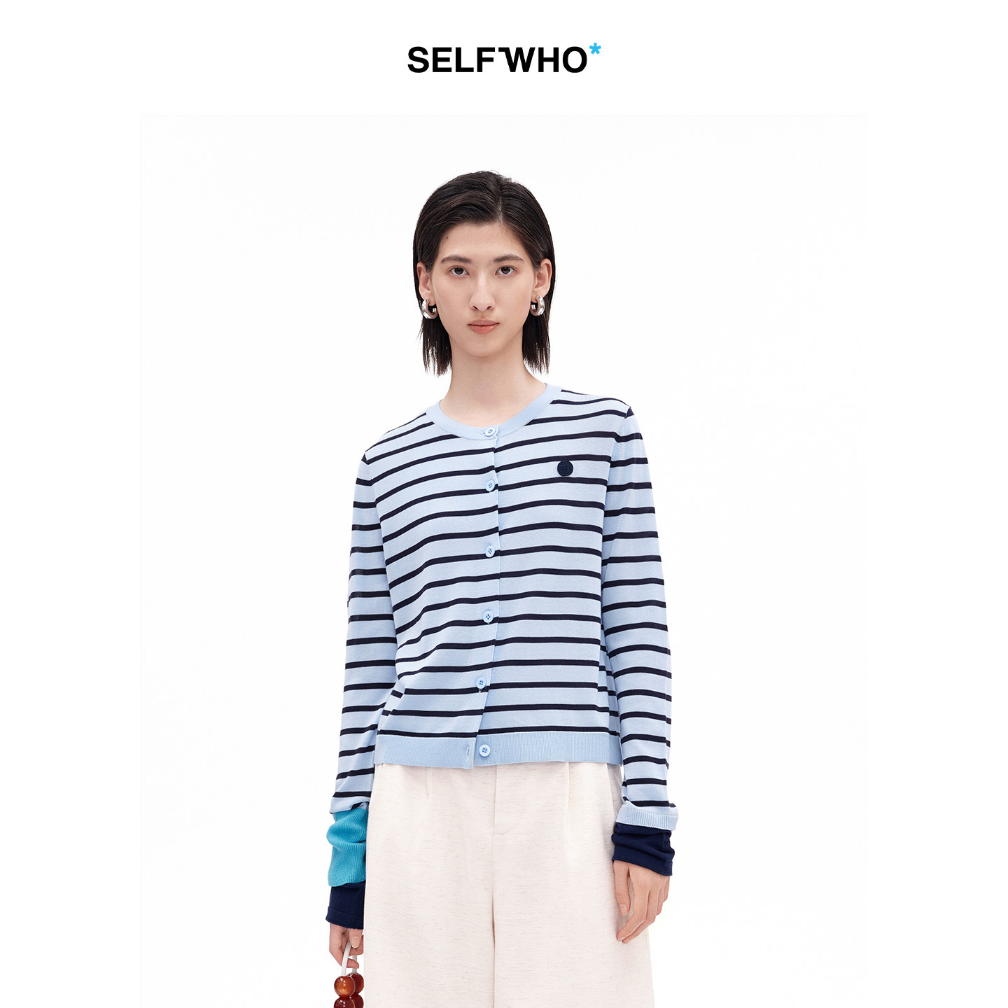 SELFWHO棉醋酸混纺撞色条纹针织开衫女2026夏季新款宽松圆领上衣