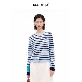 SELFWHO棉醋酸混纺撞色条纹针织开衫女2026夏季新款宽松圆领上衣
