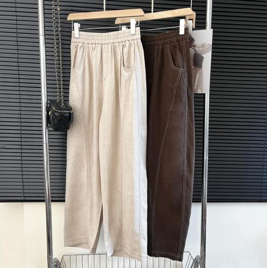 爆款3-7天发货！cosAcosB天丝苎麻撞色线松紧弯刀阔腿裤2124 商品图3