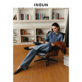 INSUN恩裳复古水洗阔腿长绒棉弯刀牛仔裤