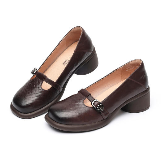 复古风真皮圆头浅口单鞋女低跟软底舒适妈妈鞋乐福鞋6C5255-3 商品图4