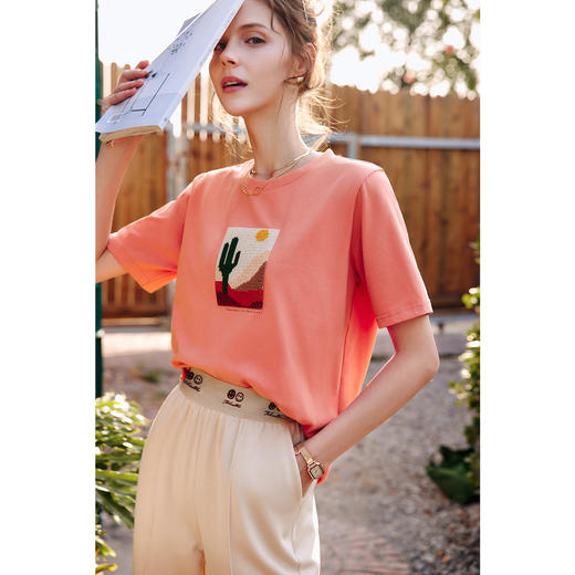 欧芮儿短袖t恤女春装宽松显瘦时尚刺绣纯棉圆领休闲上衣 商品图0