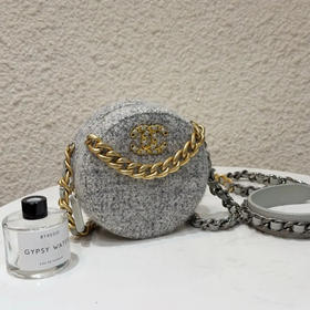 Chanel 19bag mini 圆饼 灰色 毛呢 斜挎包