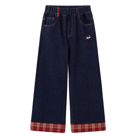 【MQD】童装女大童冬季新款儿童学院风格子拼接奥粒绒加厚牛仔裤 商品图1