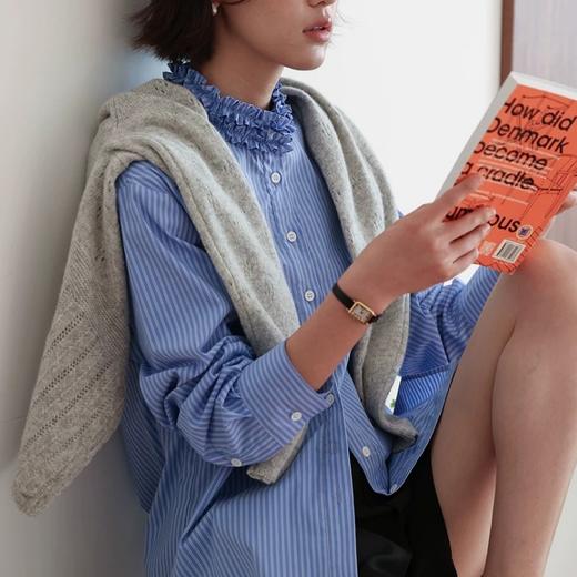 蓝色条纹立领木耳边衬衫 商品图4