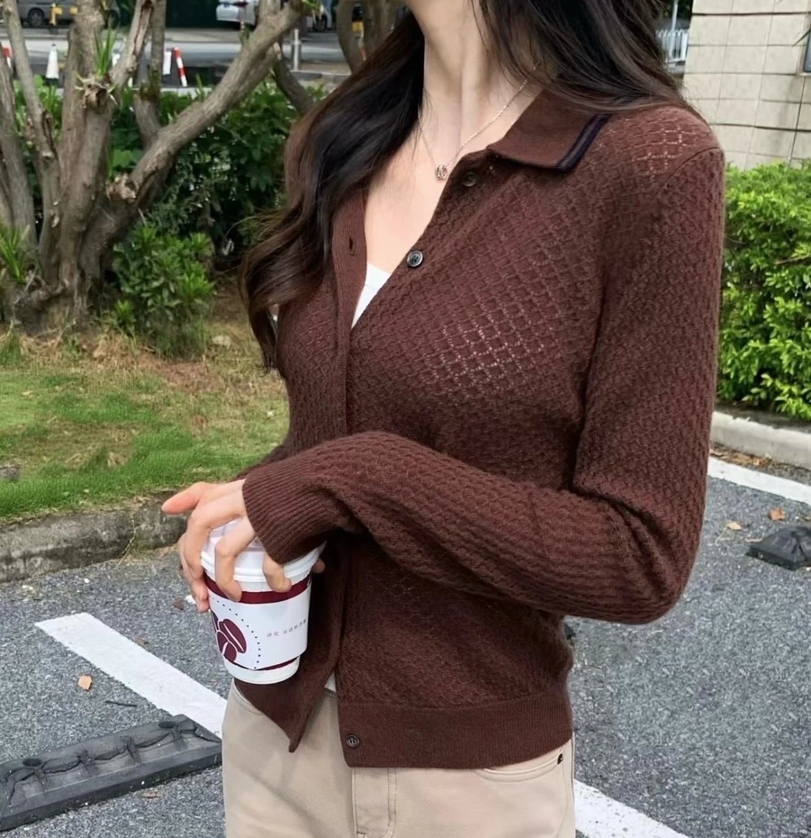 预售  重磅   miu挑孔开衫  polo针织衫   美拉德撞色系  32支精梳长绒棉