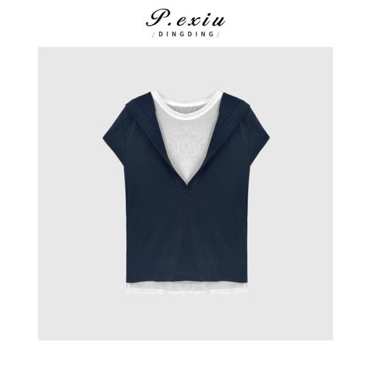 天丝松弛慵懒假两件连帽短袖上衣 M8864 商品图0