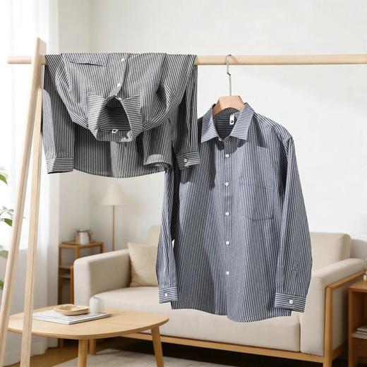 美式重磅水洗棉细条纹衬衫男春秋翻领休闲设计感宽松休闲衬衣外套 商品图1