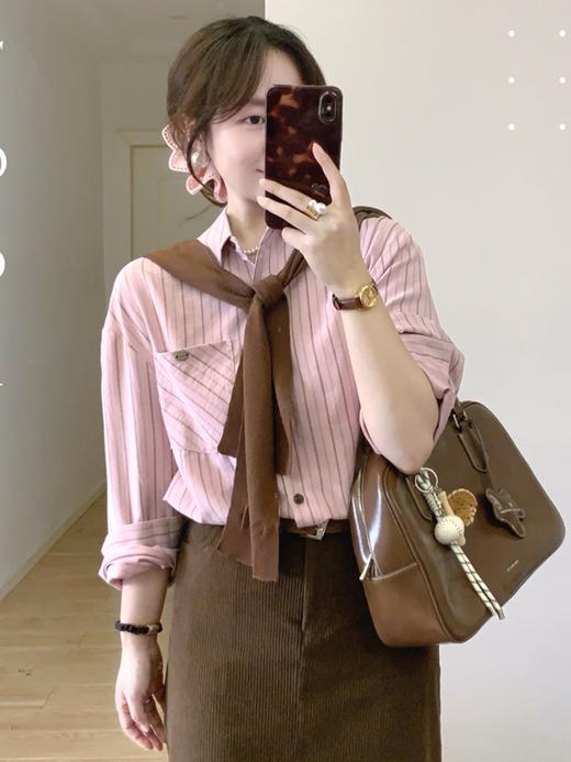 【百图lulu定制】【预售4月17日发】【女绅士衬衫】咖条纹 粉色  长袖衬衫 商品图9